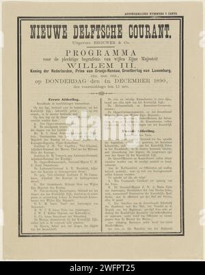 Newspaper with an article about the funeral of William III, King of the Netherlands, on December 4, 1890, 1890   Delft paper letterpress printing funerary ceremonial Noordeinde Palace. new church Stock Photo