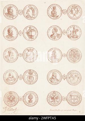 Ten European Coins, Jacques Callot, 1662 print Ten European coins, depicted in two columns of five. This print is part of a series of ten prints with performances of coins that were put into circulation in Europe between 1522 and 1629, mainly in Germany and Italy. Of each coin, the front and back are shown next to each other, connected by a cartouche with the letters AR (Argentum - silver) or AV (Aureum - Gold). The silver coins cover the first nine sheets and part of the tenth leaf, which also shows gold coins. print maker: Nancypublisher: Paris paper etching coin Stock Photo