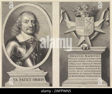 Portrait of Johan Maurits, count of Nassau -Siegen, 1655 - 1659 print Portrait of Johan Maurits in an oval left. On a pedestal a line of Latin text. His weapon with a crown on the right. On a pedestal nine lines of Latin text. Amsterdam paper engraving / etching Stock Photo