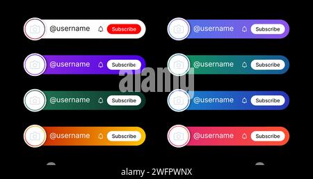 Lower third for social media. Bar with a button and a text title. Use for channels, podcasts and television. Pack of vector gradient templates on a black background. Stock Vector