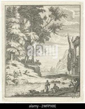 Arcadical Landscape with Ece, Michiel Elgersma, After Louis Fabritius Dubourg, 1703 - 1759 print Landscape with high trees and an antique ruin in the background. On the water a man talks to a sitting woman, next to him is a dog. A man runs across a donkey across the street. print maker: Netherlandsafter design by: Amsterdam paper etching Pastoral, Arcadian Scenes Stock Photo