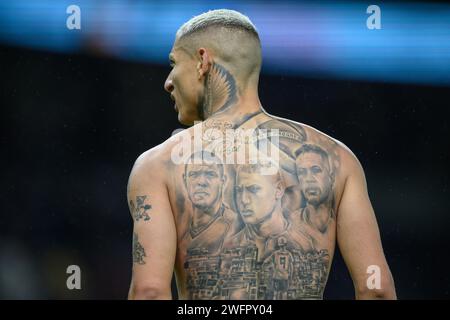 London, UK. 31st Jan, 2024 - Tottenham Hotspur v Brentford - Premier League - Tottenham Hotspur Stadium.                                       Tottenham's Richarlison's tattoos.                                                      Picture Credit: Mark Pain / Alamy Live News Stock Photo