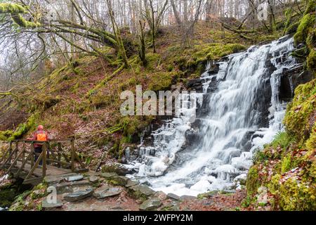 A frozen waterfall on The Birks of Aberfeldy walk Stock Photo