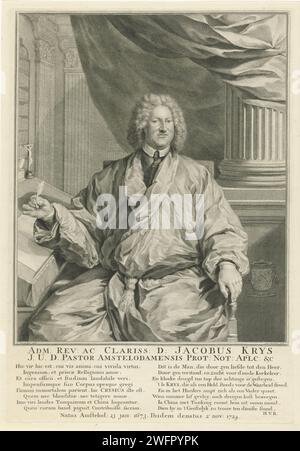 Portrait of Jacobus Ignatius Krijs, Jacob Houbraken, after Jan Wandelaar, 1724 - 1780 print Jacobus Ignatius Krijs sitting at a writing table, on which a crucifix. In his hand a writing spring. Behind him a column and a curtain, behind it two pilasters and bookcases. To his right a ecclesiastical weapon with a motto. Under the portrait there are name and data in two lines in Latin. Among them two columns of eight rules each; Left in Latin and on the right in Dutch. This includes birth and death data in a rule in Latin. Amsterdam paper engraving crucifix  personal devotion. quill Stock Photo