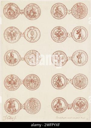 Ten European Coins, Jacques Callot, 1662 print Ten European coins, depicted in two columns of five. This print is part of a series of ten prints with performances of coins that were put into circulation in Europe between 1522 and 1629, mainly in Germany and Italy. Of each coin, the front and back are shown next to each other, connected by a cartouche with the letters AR (Argentum - silver) or AV (Aureum - Gold). The silver coins cover the first nine sheets and part of the tenth leaf, which also shows gold coins. print maker: Nancypublisher: Paris paper etching coin Stock Photo