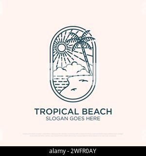 tropical Beach logo design with line art simple vector minimalist illustration template, summer logo designs Stock Vector
