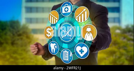 Unrecognizable healthcare administrator activating icons for higher quality care and lower expenses. Information technology concept for improvement of Stock Photo