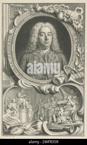 Portrait of George Friedrich Händel, Jacob Houbraken, 1708 - 1780 print Buste of George Friedrich Händel in an ornamental medallion with edge script. A roll of sheet music and a horn right below the portrait. Under the portrait a cartouche, within which a performance of a few that listens to music -making figures. At the very bottom of the foreground various musical instruments and sheet music. Amsterdam paper etching / engraving musical instruments; group of musical instruments. printed edition of musical score. more than one musician with instrument. listening to music. portrait of composer Stock Photo