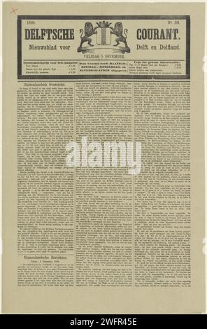 Newspaper with an article about the funeral of William III, King of the Netherlands, on December 4, 1890, 1890   Delft paper letterpress printing funerary ceremonial Noordeinde Palace. new church Stock Photo