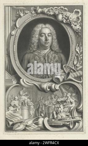 Portrait of George Friedrich Händel, Jacob Houbraken, 1708 - 1780 print Buste of George Friedrich Händel in an ornamental medallion. A roll of sheet music and a horn right below the portrait. Under the portrait a cartouche, within which a performance of a few that listens to music -making figures. At the very bottom of the foreground various musical instruments and sheet music. Amsterdam paper etching / engraving musical instruments; group of musical instruments. printed edition of musical score. more than one musician with instrument. listening to music. portrait of composer Stock Photo