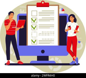 To do list concept. People is standing near large to do list. Vector illustration. Flat. Stock Vector