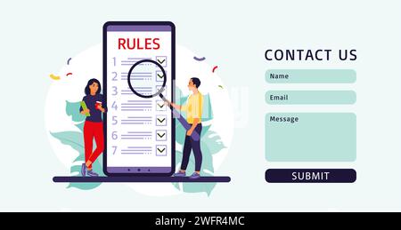 People studying list of rules, making checklist, reading guidance. Contact us form. Vector illustration. Flat style Stock Vector