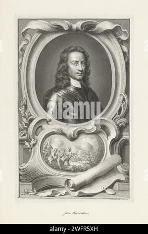 Portrait of John Hamden, Jacob Houbraken, 1740 print Portrait of John Hamden, with a cartouche under the portrait on which a representation of his eventually fatal injury during the Battle of Chalgrove on June 18, 1643. Amsterdam paper etching / engraving / pen Stock Photo