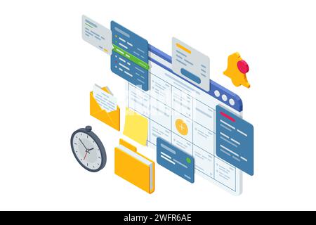 Isometric Business Project Management System. Planning showing tasks and deadlines. Project manager updating tasks and milestones progress planning Stock Vector
