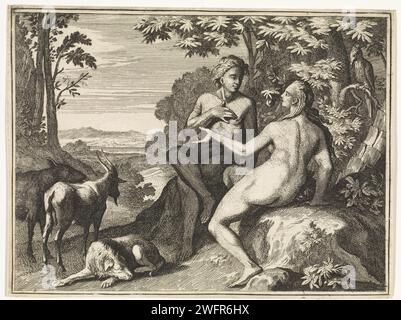 Adam and Eva surrounded by the animals in Paradise, Caspar Luyken, 1712 print  Amsterdam paper etching Adam and Eve in paradise (before the Fall) Stock Photo