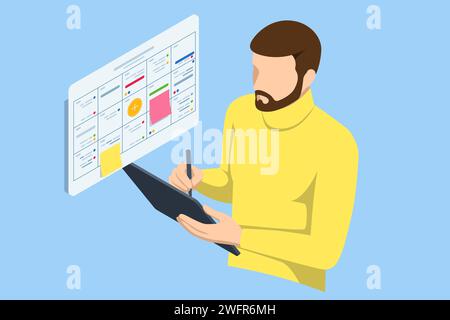 Isometric Business Project Management System. Scrum task board Project manager updating tasks and milestones progress planning. Digital Calendar Stock Vector