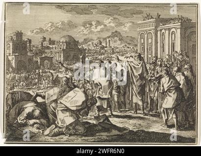 Jona predicts the downfall of Nineve, Jan Luyken, 1712 print  Amsterdam paper etching when Jonah arrives in the city of Nineveh he foretells its destruction in forty days Stock Photo