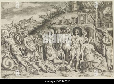 Jason in Medea, Giulio Bonasone, 1501 - 1580 print Four scenes from the story of Medea. On the right Creüsa, the bride of Jason, sitting in front of her father Creon. Behind Creüsa is a soldier. To the left next to the soldier, Creüsa collapses, due to the pain of the burns she received from the mantle that Medea had given her. To the left of Creüsa is Medea with her two children. On the far left, Medea is on a car that is drawn by dragons. She holds one of her children over her shoulder, whom she will later kill. In the background the Forum Romanum. Italy paper etching / engraving Medea. Mede Stock Photo