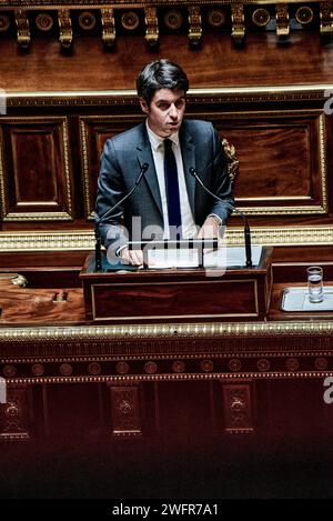 Paris, France. 31st Jan, 2024. © Antonin Burat/Le Pictorium/MAXPPP - Paris 31/01/2024 Antonin Burat/Le Pictorium - 31/01/2024 - France/Ile-de-France/Paris - Le Premier ministre Gabriel Attal prononce son discours de politique generale devant l'Assemblee nationale, le 30 janvier 2024. - Valeurs ACtuelles out, no jdd, jdd out, RUSSIA OUT, NO RUSSIA #norussia/31/01/2024 - France/Ile-de-France (region)/Paris - Prime Minister Gabriel Attal delivers his speech of general politic in front of the French National Assembly, on January 30, 2024. Credit: MAXPPP/Alamy Live News Stock Photo