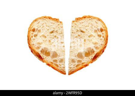 Two pieces of Bread in shape of broken heart isolated on white background, homemade bakery concept Stock Photo