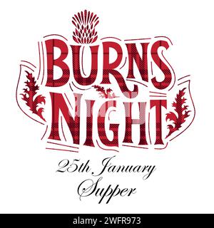 Burns night supper card with thistle on tartan background. Menu with lettering for restaurant, party... Stock Vector