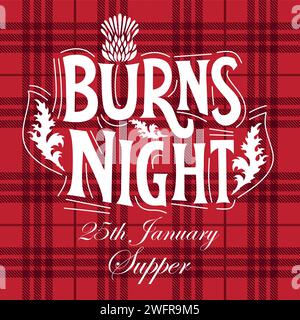 Burns night supper card with thistle on tartan background. Menu with lettering for restaurant, party... Stock Vector