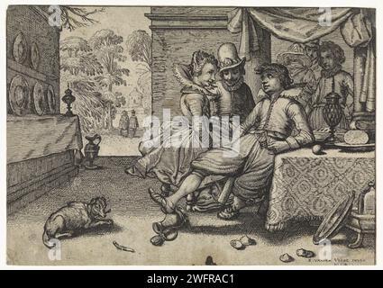 Elegant company at the set table, Simon Poelenburg, After Esaias van de Velde, 1614 print A richly dressed couple and a young man with glass in his hand sitting at a set table on a patio overlooking a garden. Next to the table a wine cooler on the floor. Against the left wall a long, narrow cupboard with pewter plates. print maker: Amsterdamafter design by: Haarlem paper etching / engraving private festivities, merry company - AA - in the open air, 'fÃªte champÃªtre'. wine-cooler. laid table: table-ware, table-decoration, etc. Stock Photo