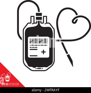 Filled Blood bag with heart shaped tube  vector glyph icon for World Blood Donor Day on June 14 Stock Vector