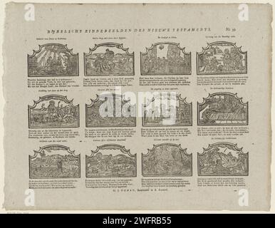 Biblical embles of the New Testament, 1806 - 1830 print Leaf with 12 performances of stories from the New Testament. A four -line verse under each image. Numbered at the top right: No. 39. Print Maker: Netherlands Publisher: Zaltbommel paper letterpress printing New Testament. series of scenes from the life of Christ Stock Photo
