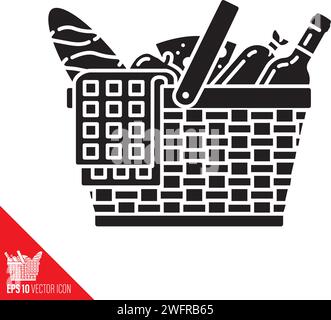 Picnic basket filled with blanket, wine bottle, bread, cheese, apple and sausage vector glyph icon for Picnic day on June 18 Stock Vector