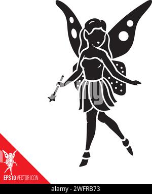 Fairy with butterfly wings and magic wand vector glyph icon for International Fairy Day on June 24 Stock Vector