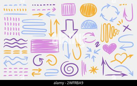 Multicolored highlight brush strokes and underlines. isolated elements. Stock Vector