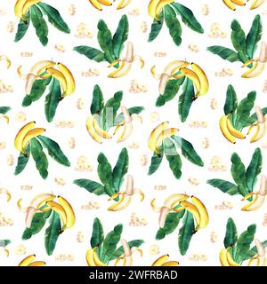 Watercolor seamless pattern with banana leaves and peeled sliced banana. Hand drawn illustration. For fabric textile. Stock Photo