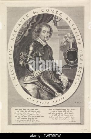 Portrait of Johan Maurits, count of Nassau -Siegen, 1621 - 1676 print Portrait of Johan Maurits in an oval with edge. A commandosta in his right hand. On the right a helmet. In a frame two columns with fourteen lines of Latin text. Northern Netherlands paper engraving / etching Stock Photo