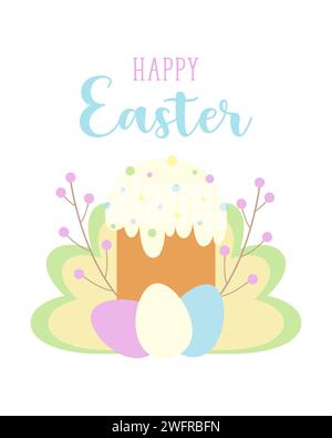 This illustration presents Easter theme with festively decorated cake surrounded by colorful pastel eggs and floral elements. Stock Vector