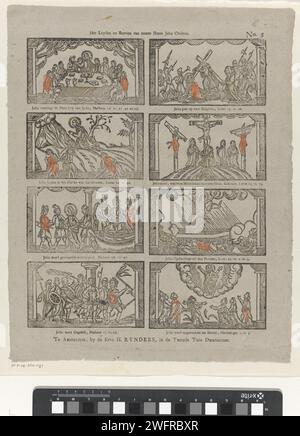 The Leyden and Dying of our Lord Jesus Christ, 1831 - 1854 print Leaf with 8 performances from the passion of Christ, such as the Last Supper, the cross -support and the Ascension of Christ. Under each performance a caption and a reference to the corresponding Bible text. Numbered at the top right: No. 5. Amsterdampublisher: Amsterdamprint maker: Netherlands paper letterpress printing New Testament. series of scenes from the life of Christ. the episode of the Last Supper. Christ taken up by a cloud  Ascension Stock Photo