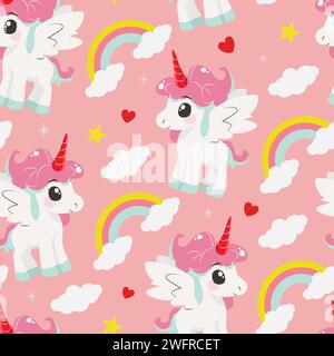 Seamless pattern with unicorns, rainbow, clouds. Stock Vector