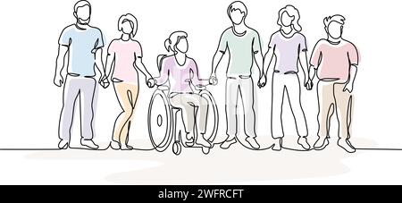 Best Friends together with disabled one. Group of people hold hands. Stock Vector