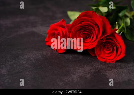 Set of three red roses in a bouquet laying on a dark grey textured surface. Horizontal image with copy space Stock Photo