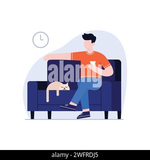 Man sitting on sofa and holding a cup of tea illustration concept Stock Vector