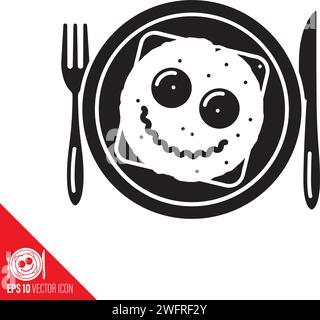 Fried eggs on slice of toast on plate with cutlery vector glyph icon. Breakfast symbol. Stock Vector