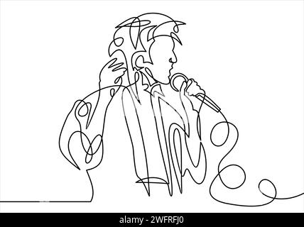 Rock band vocalist with singing to microphone- continuous line drawing Stock Vector