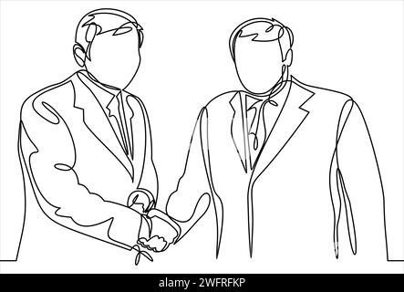 One line drawing of two businessmen in suitcase shaking hand and agree to deal a project. Single line drawing of business concept. Vector illustration Stock Vector