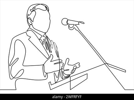 Business conference, business meeting. Man at rostrum in front of audience. Public speaker giving a talk at conference hall- continuous line drawing Stock Vector