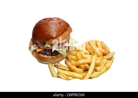 bacon burger and fries isolated on white background Stock Photo