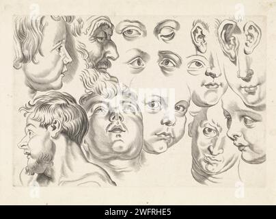 Studies of Faces, Eyes and Earen, Paulus Pontius, After Peter Paul Rubens, 1616 - 1657 print  Antwerp paper engraving human beings (legendary or not) of abnormal proportions, size, strength, etc. (+ head, face) Stock Photo