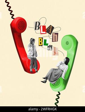 Young women, friends sitting on giant red and green retro telephone handsets with newspaper cut letters and talking, discussing news, spreading rumors Stock Photo