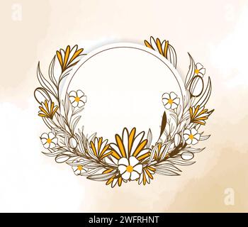 Round floral frame in retro style with flowers and leaves. Hand drawn floral wreath for wedding invitation card design Stock Vector