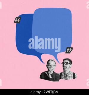 Two emotional young people, woman and man with large blue speech bubbles against pink background. Contemporary art collage. Stock Photo