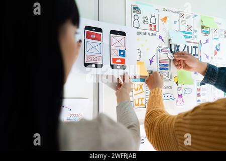 team of UI UX web designer are working together to develop mobile responsive websites with UI UX front end designer previews Stock Photo